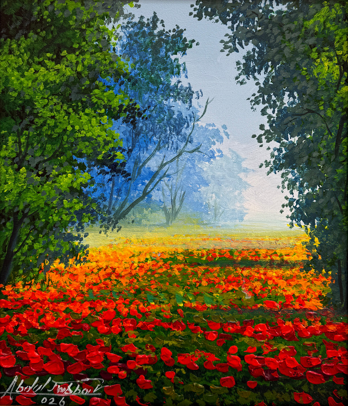 Abdul Jabbar poppy field pathway oil painting on canvas 12x14 inches with red and orange flowers green trees and misty background
