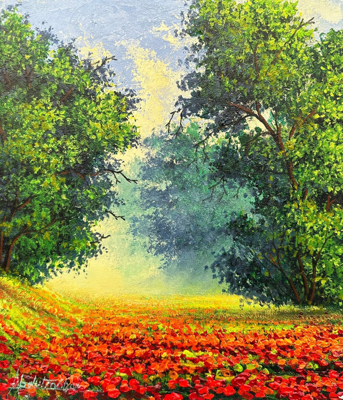 Abdul Jabbar poppy grove light oil painting on canvas 12x14 inches with red flowers and green trees
