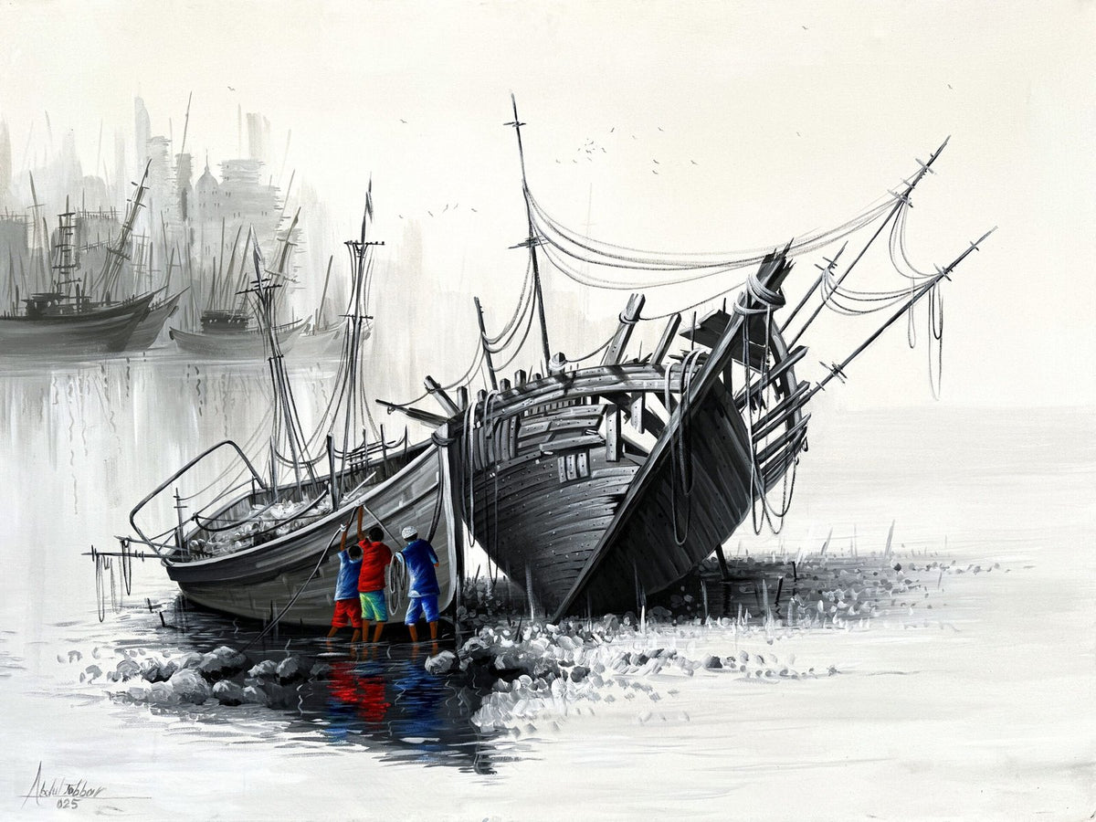 Abdul Jabbar silent shores oil painting on canvas 36x48 inches with boats on shore
