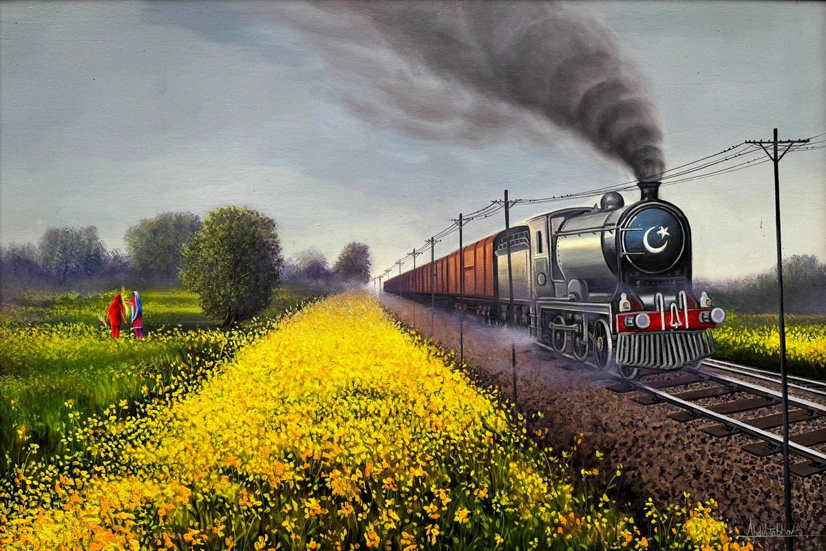 Abdul Jabbar steam train oil painting on canvas 24x36 inches with yellow mustard fields and locomotive
