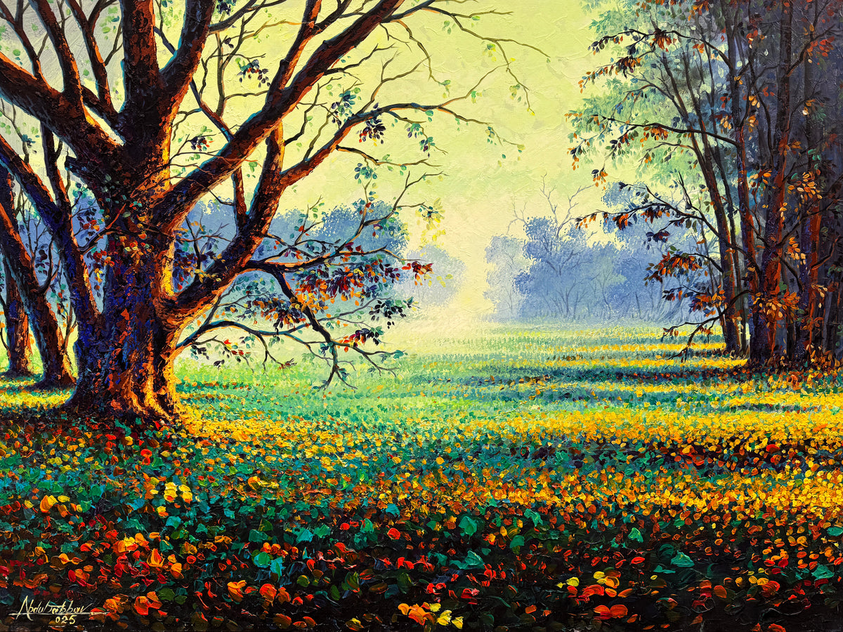 Abdul Jabbar sunlit forest oil painting on canvas 36x48 inches with large tree and colorful wildflowers

