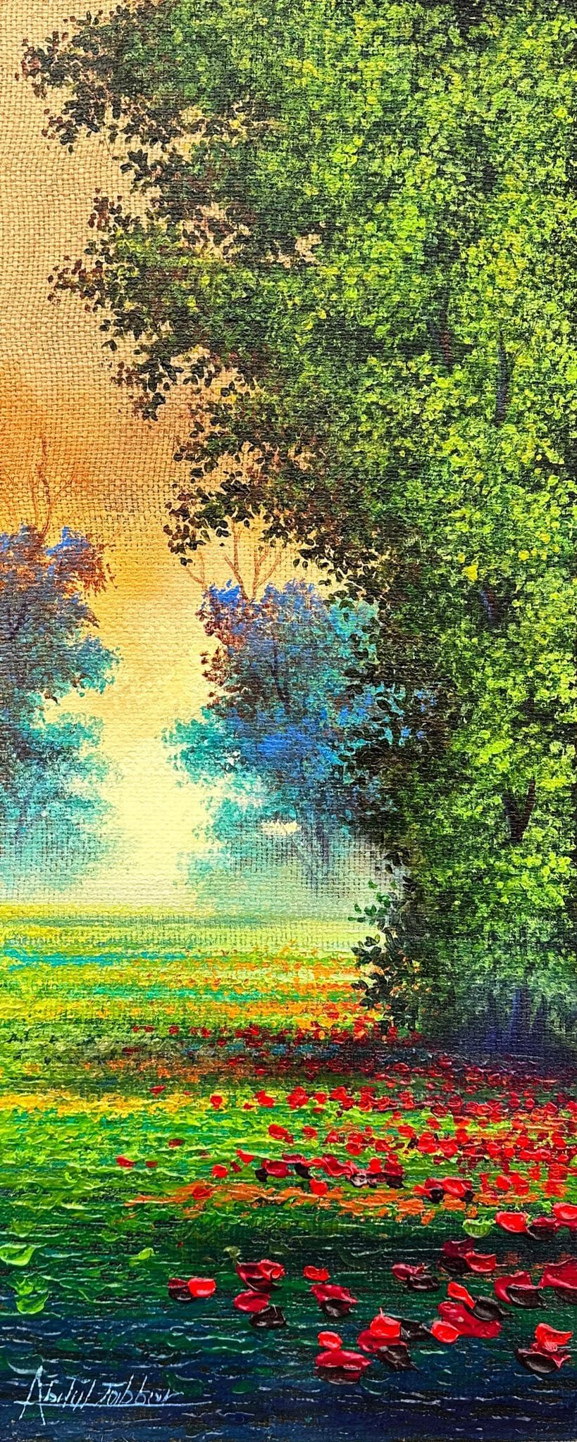Abdul Jabbar sunlit grove oil painting on jute 12x30 inches with green trees and red flowers
