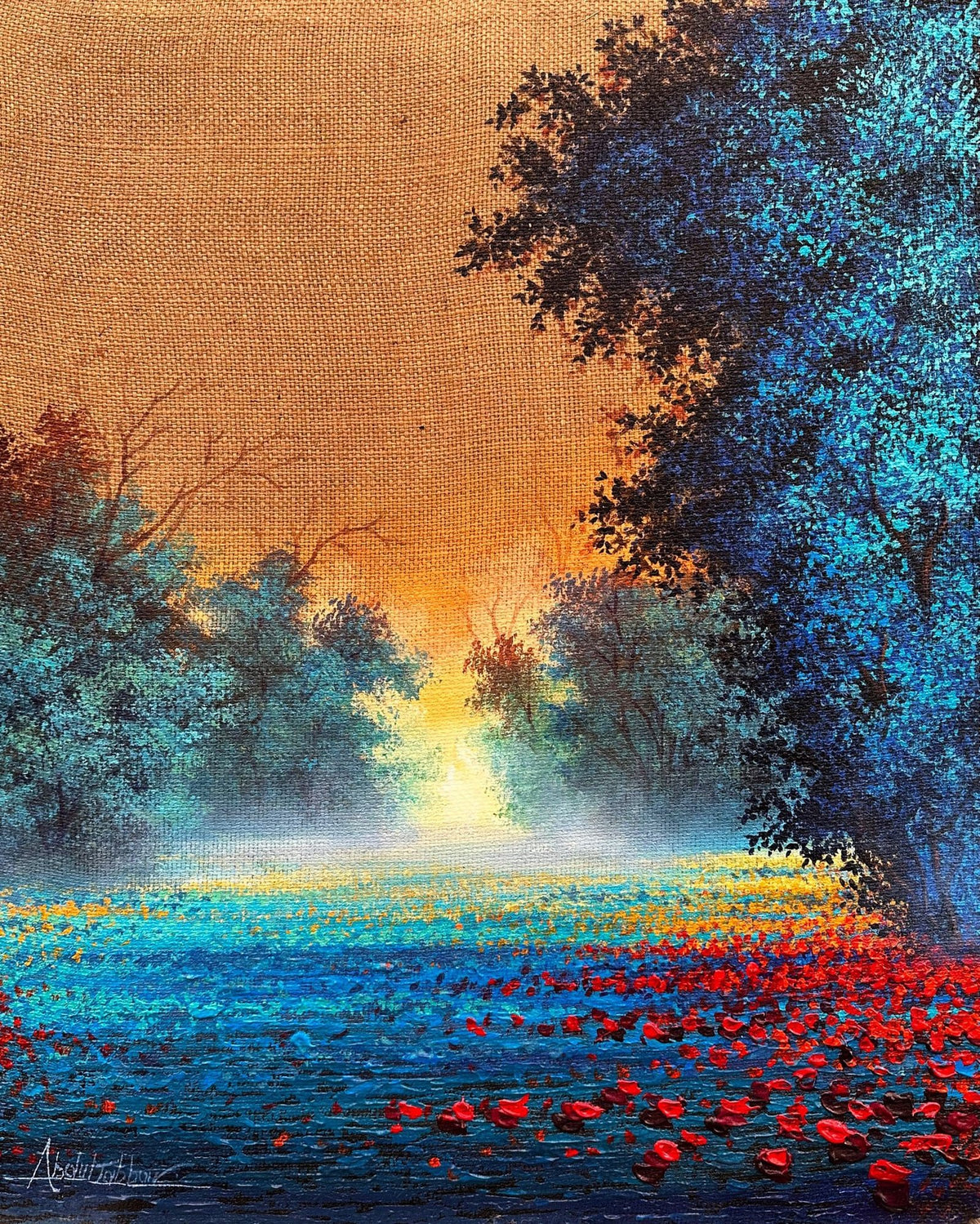 Abdul Jabbar sunset path oil painting on jute 24x30 inches with golden light and blue trees
