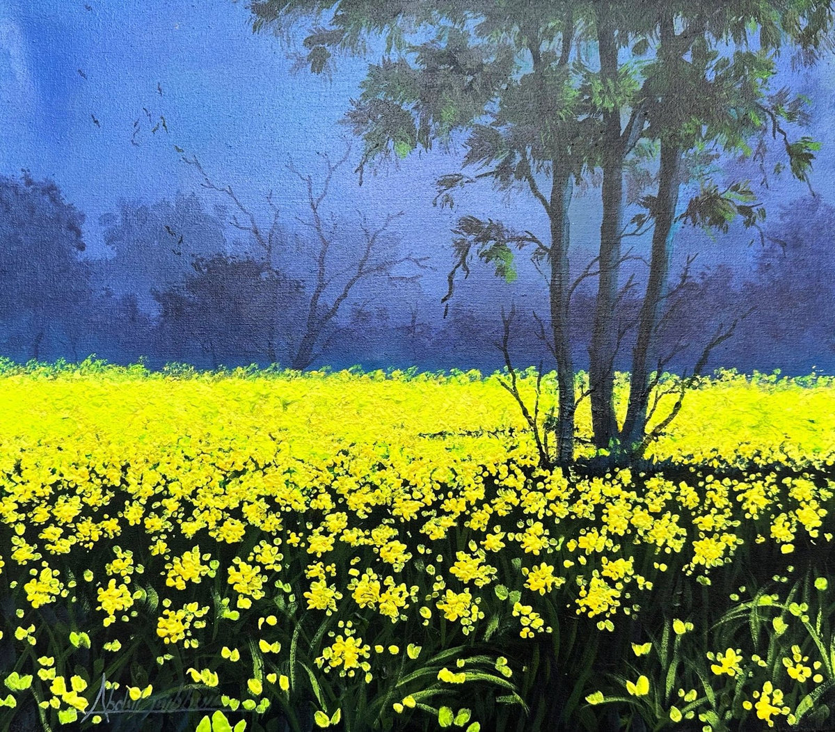 Abdul Jabbar yellow field oil painting on canvas 14x16 inches with mustard flowers and blue sky
