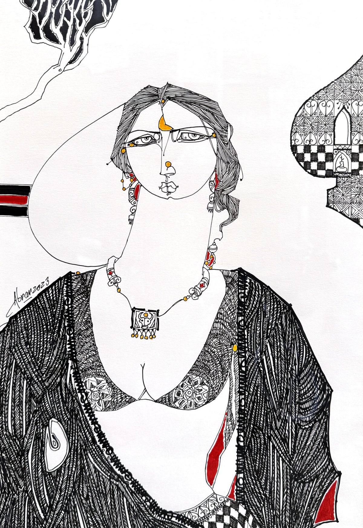 Abrar Ahmed Untitled folk line portrait pen art on paper 11x16 inches black white gold red SOLD OUT
