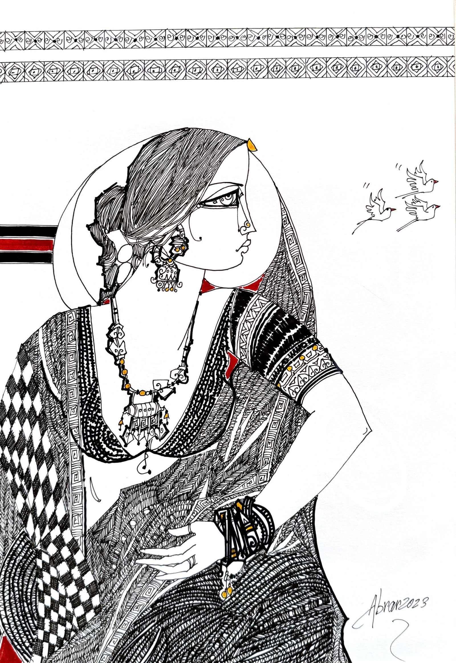 Abrar Ahmed Untitled Profile Woman Pen Art 11x16 inches