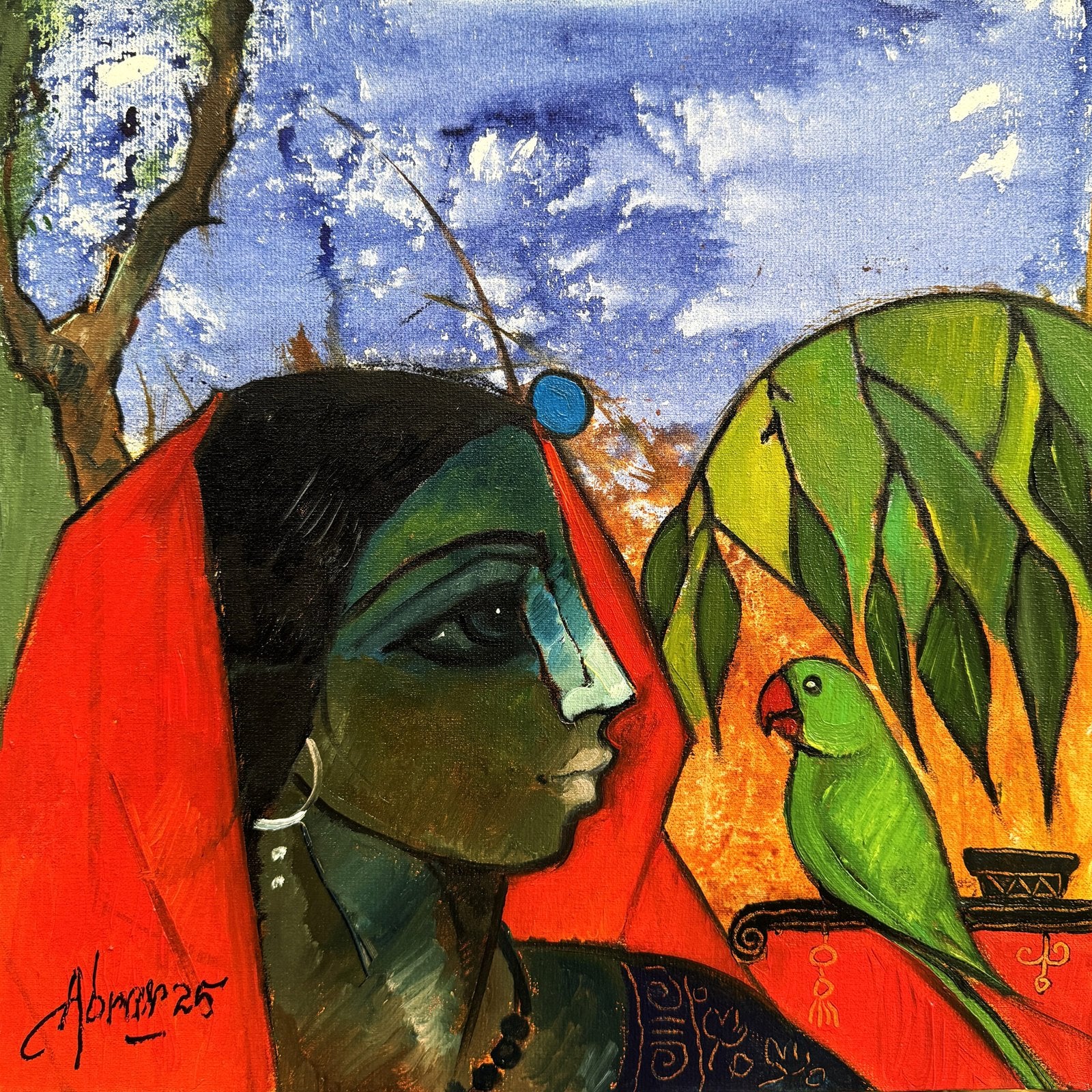 Abrar Ahmed Whispers of the Parrot Oil on Canvas 14x14 inches