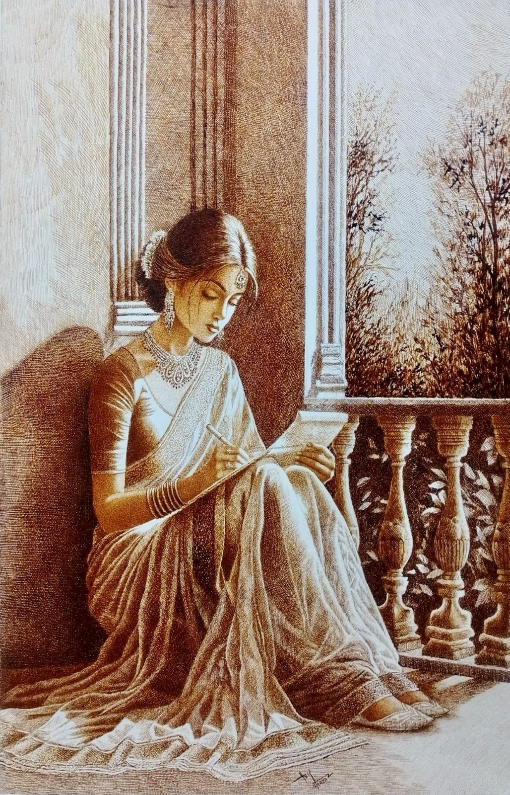 Asif Ghayaz | Title: Whispers of the Heart | Medium: Pen &amp; Ink on Paper | Size: 22x31 inches