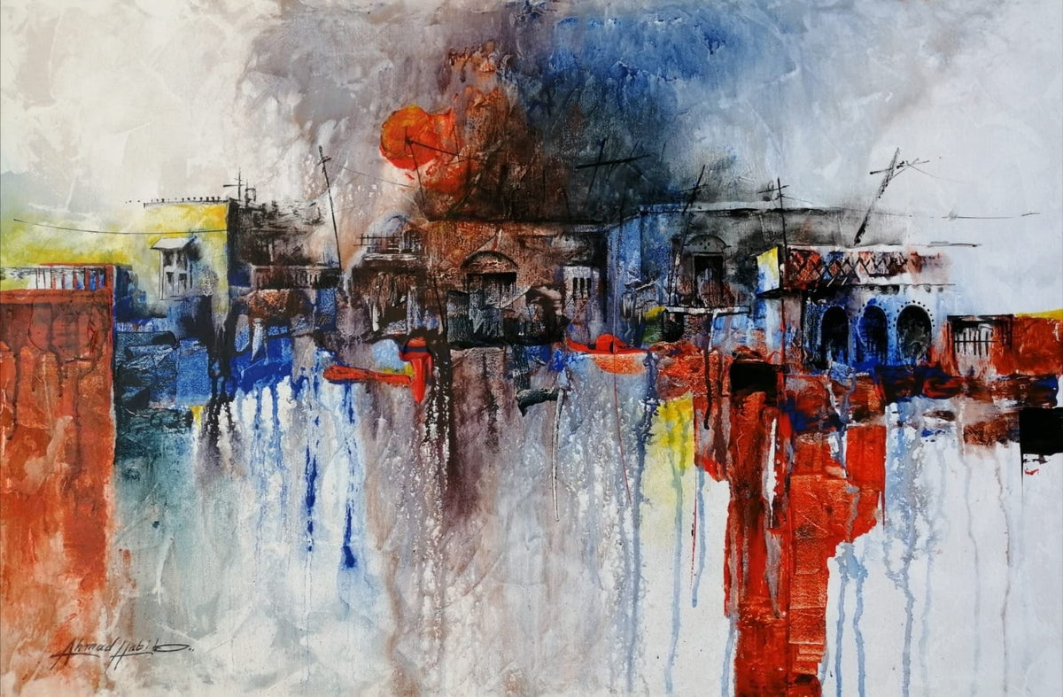 Ahmed Habib Abstract Cityscape oil on canvas 20x30 inches abstract urban landscape painting