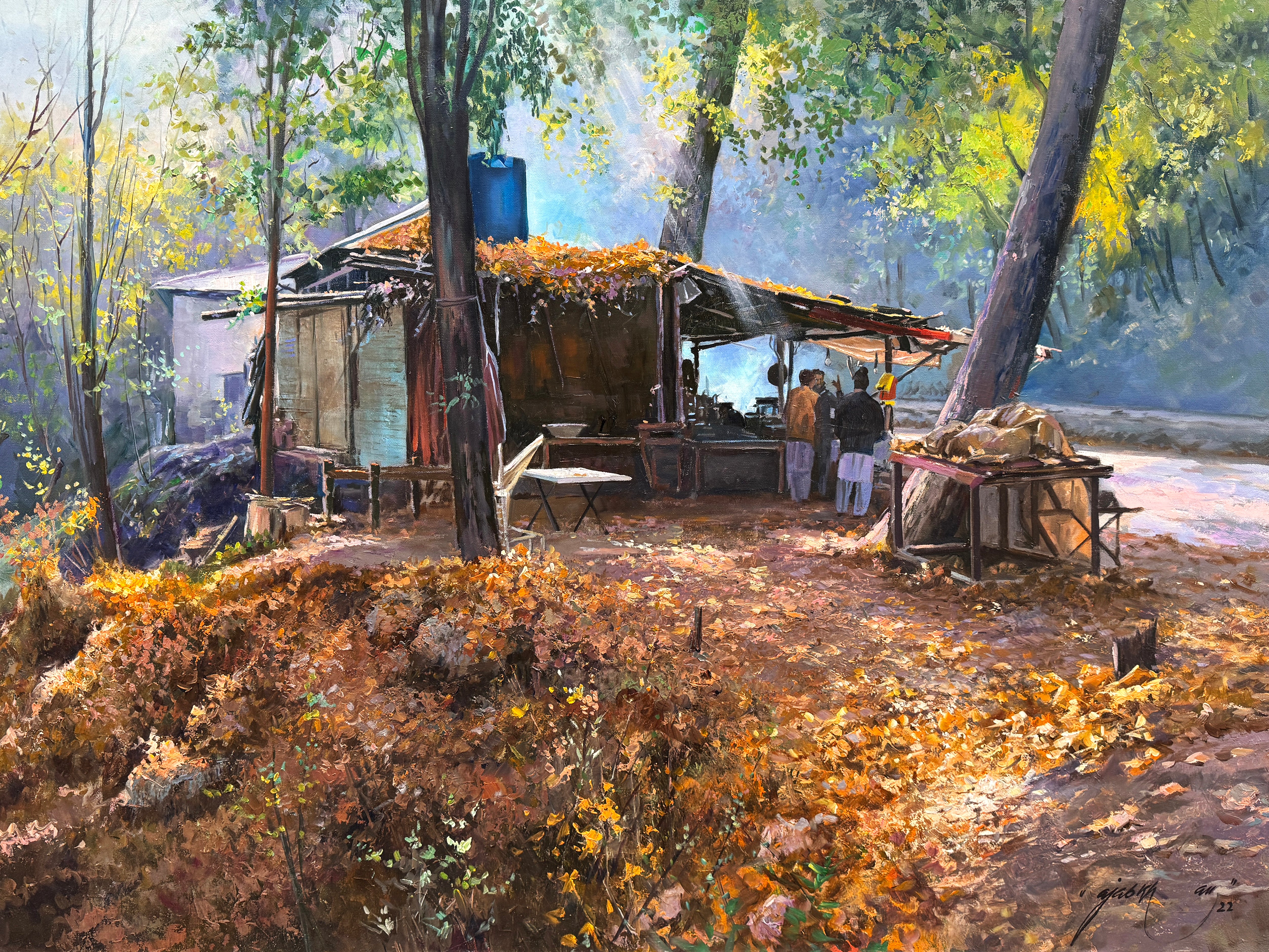 Ajab Khan Forest Chai Corner Oil On Canvas 36x48, original Pakistani landscape painting of rustic chai shop in sunlit forest with fallen leaves and figures