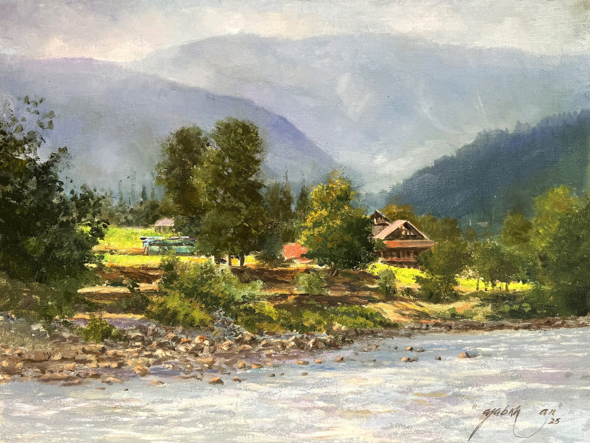 Ajab Khan Forest Chai Corner River oil on canvas 18x24 inches Pakistani landscape painting