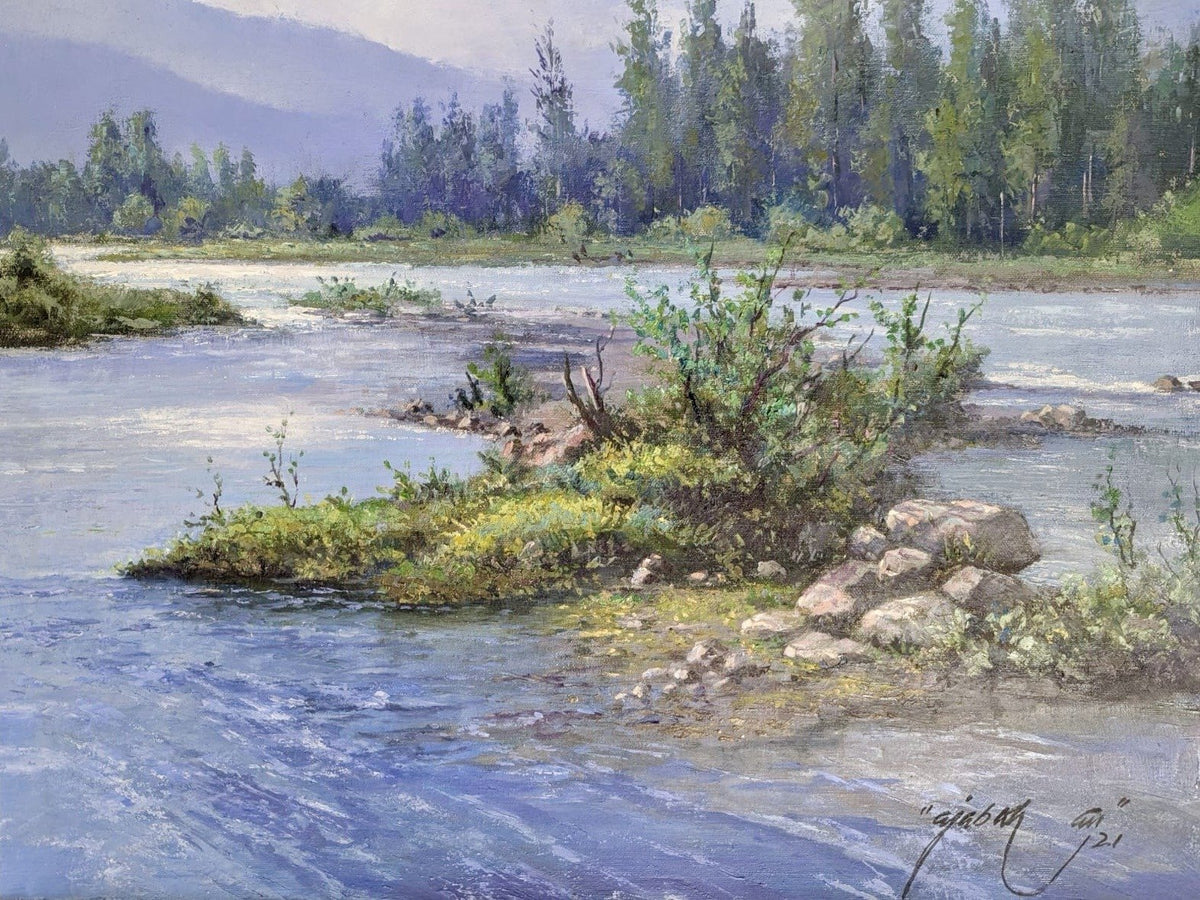 Ajab Khan North River Landscape oil on canvas 18x24 inches Pakistani river landscape painting