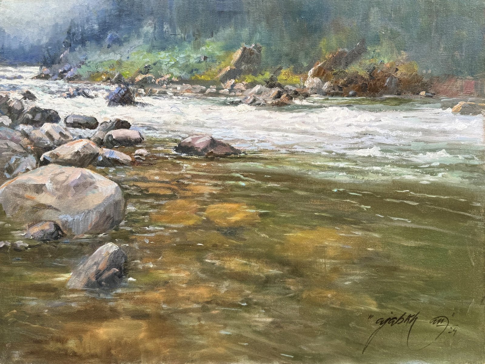 Ajab Khan Northern River Rapids Oil On Canvas 18x24, original Pakistani landscape painting of flowing river with rocks and rapids in forest setting