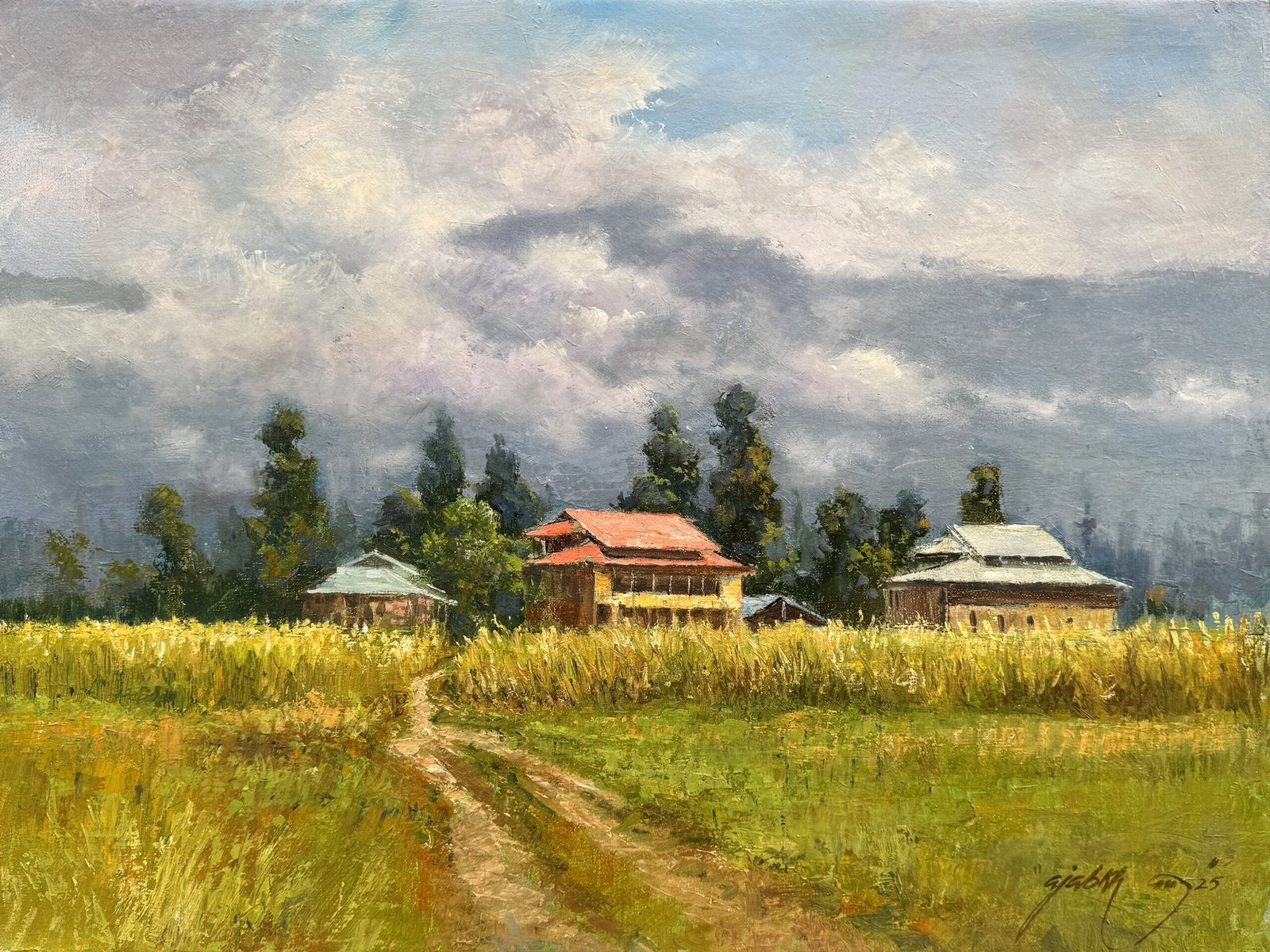 Ajab Khan Northern Village Fields Oil On Canvas 18x24, original Pakistani landscape painting of golden wheat fields with village houses and dramatic sky
