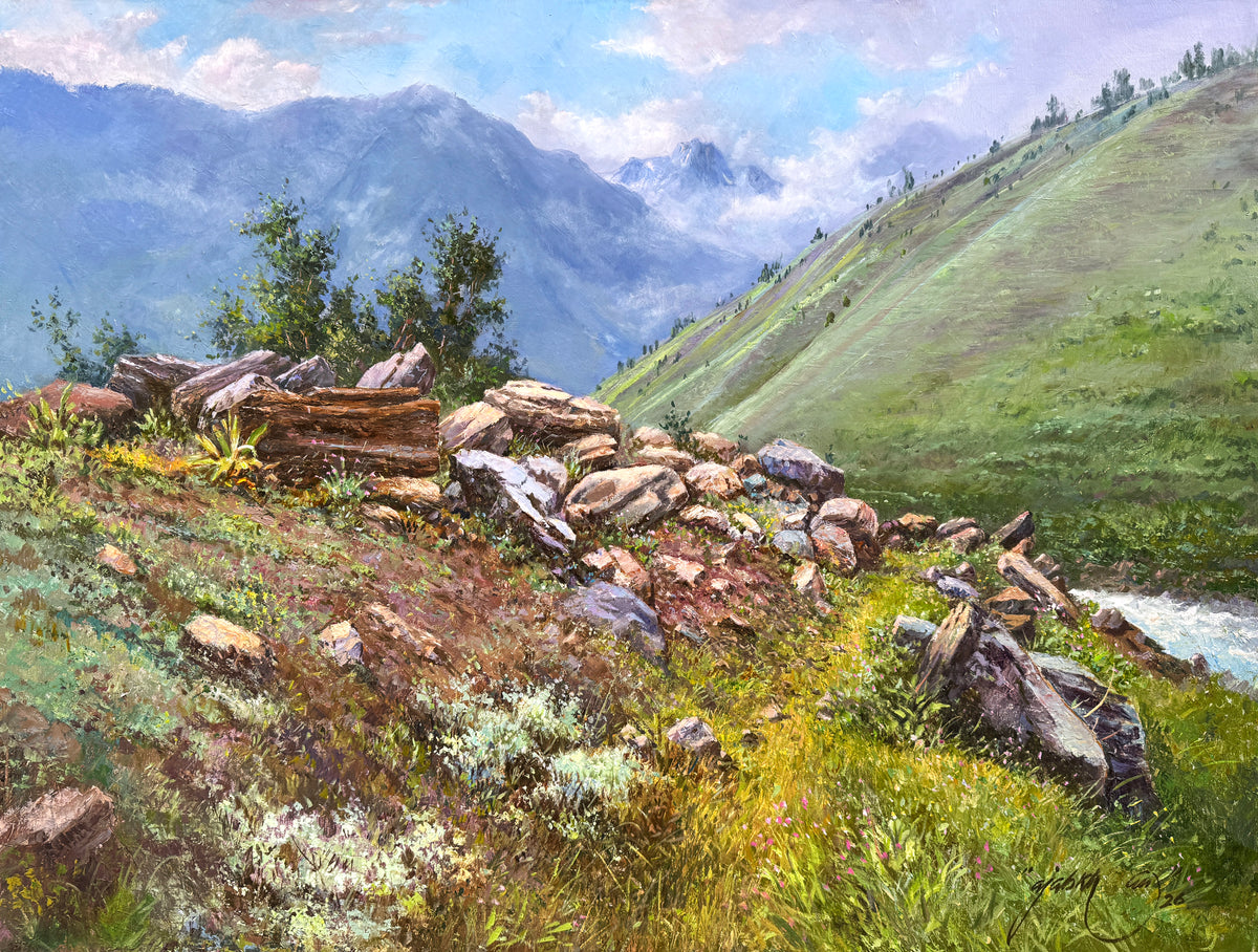 Ajab Khan 30x40 oil on canvas - rocky mountain slope northern landscape painting