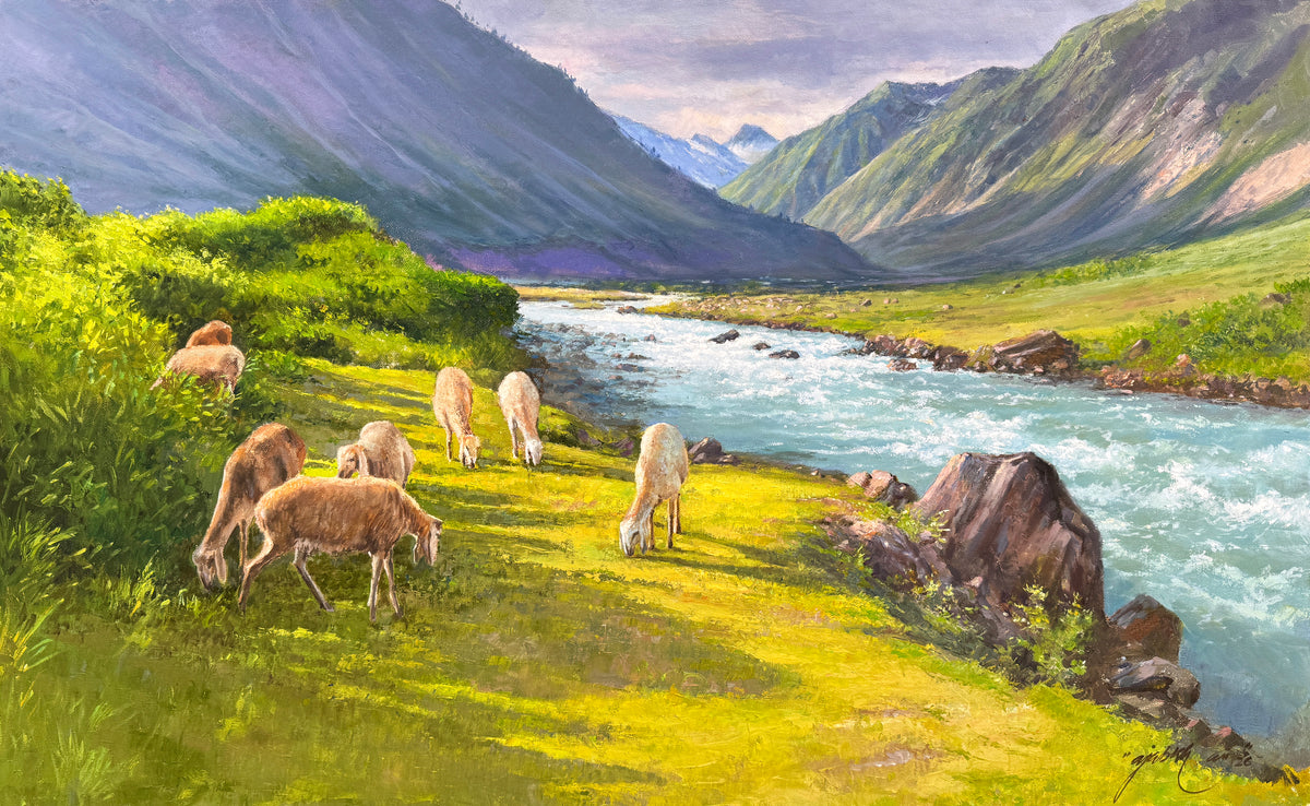 Ajab Khan 30x48 oil on canvas - sheep grazing by river northern valley landscape