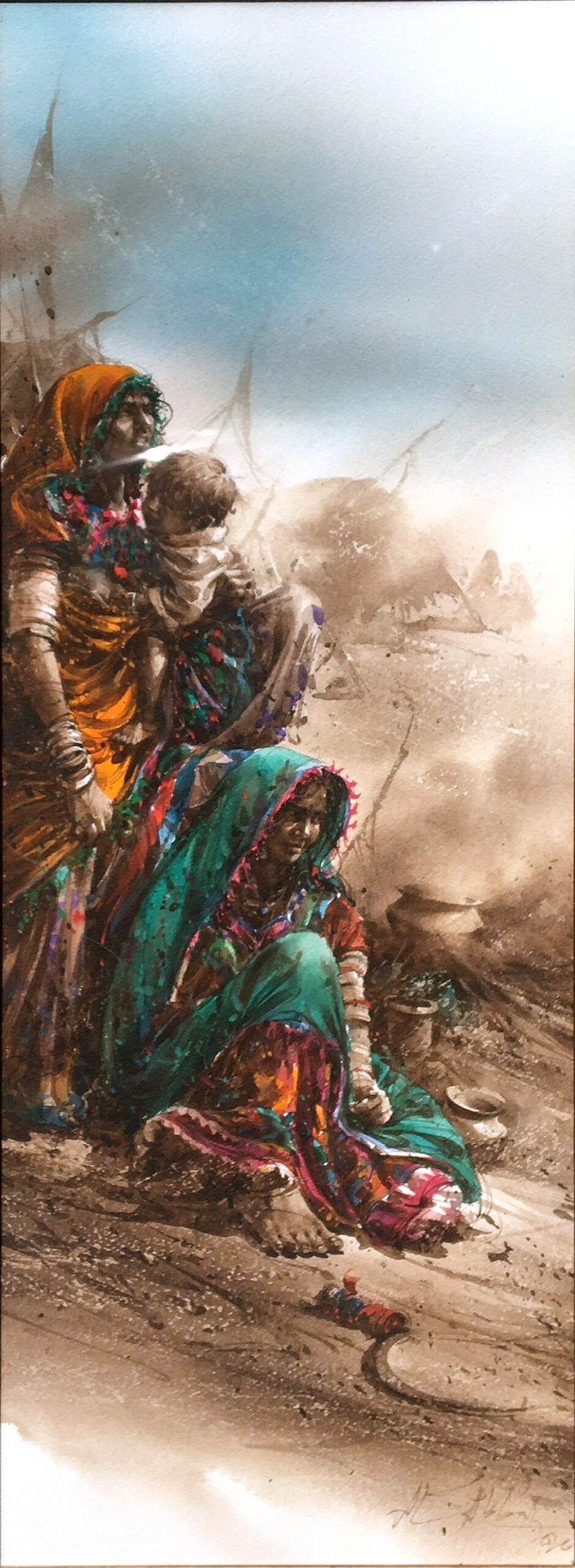 Ali Abbas Gatherings Watercolor on Paper 11x30 inches