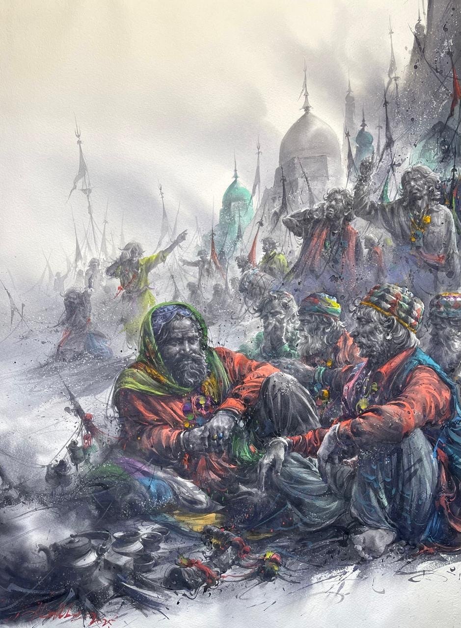 Ali Abbas Sufi Devotees at Shrine Watercolor on Paper 22x31 inches