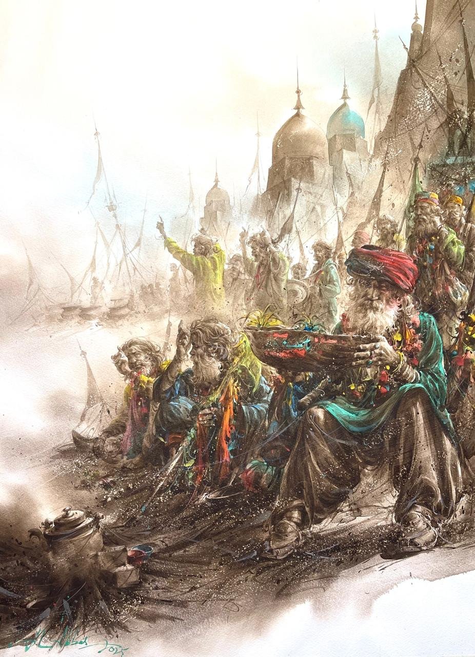 Ali Abbas Sufi Soul Gathering Watercolor on Paper 22x31 inches