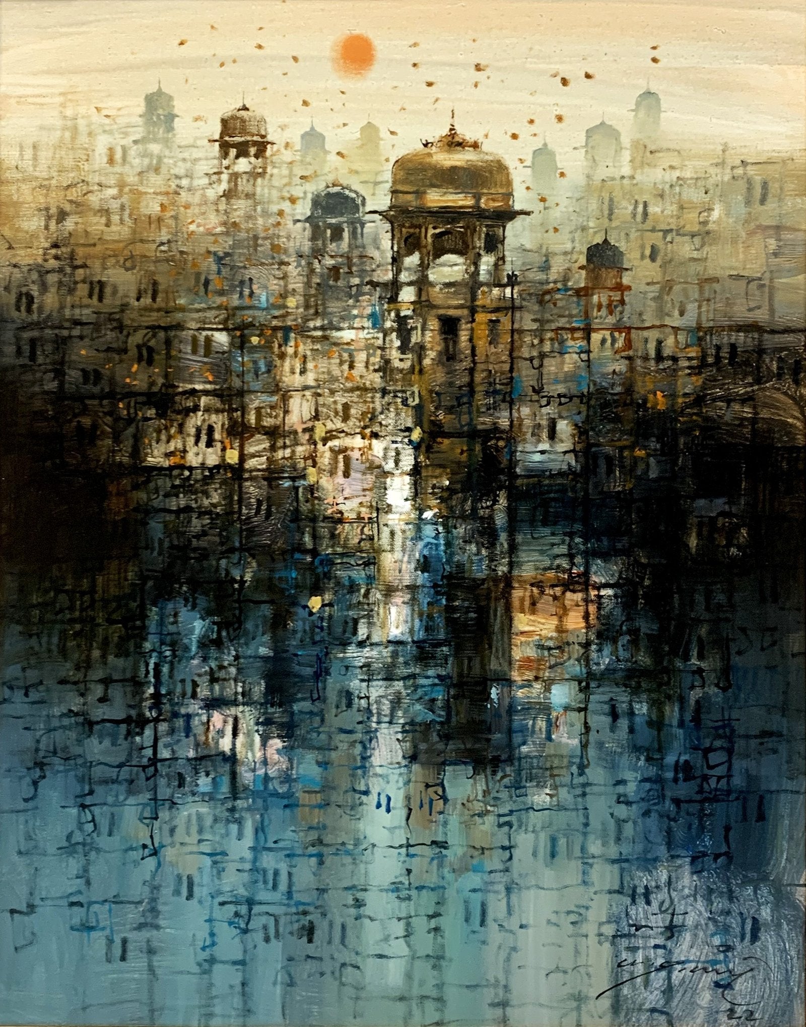 A.Q. Arif Golden Dome Cityscape Acrylic on Canvas 22x28 inches
