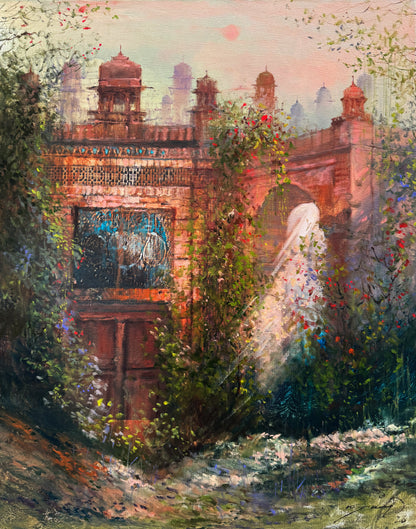 A.Q. Arif Light Through The Arch acrylic on canvas 22x28 inches Pakistani contemporary painting of Mughal gateway in garden with sunlight
