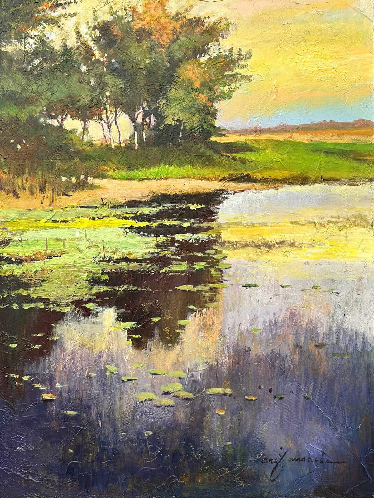 Arif Ansari echoes of the north acrylic on canvas 18x24 inches golden sunset pond