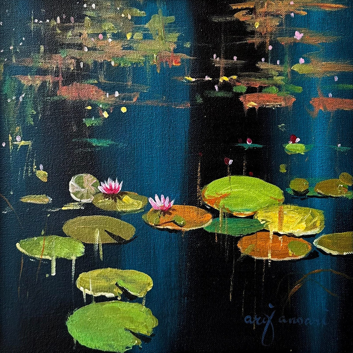 Arif Ansari Echoes Of The North amber eclipse pink lotus acrylic on canvas 12x12 inches water lily nocturne painting