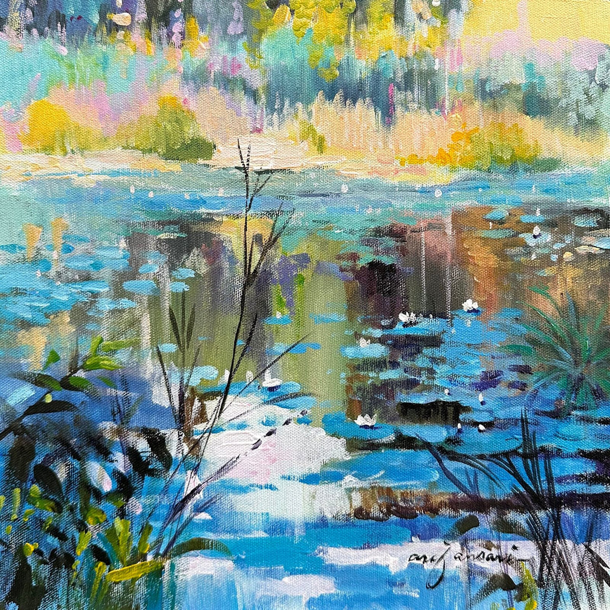 Arif Ansari echoes of the north blue pond acrylic on canvas 12x12 inches