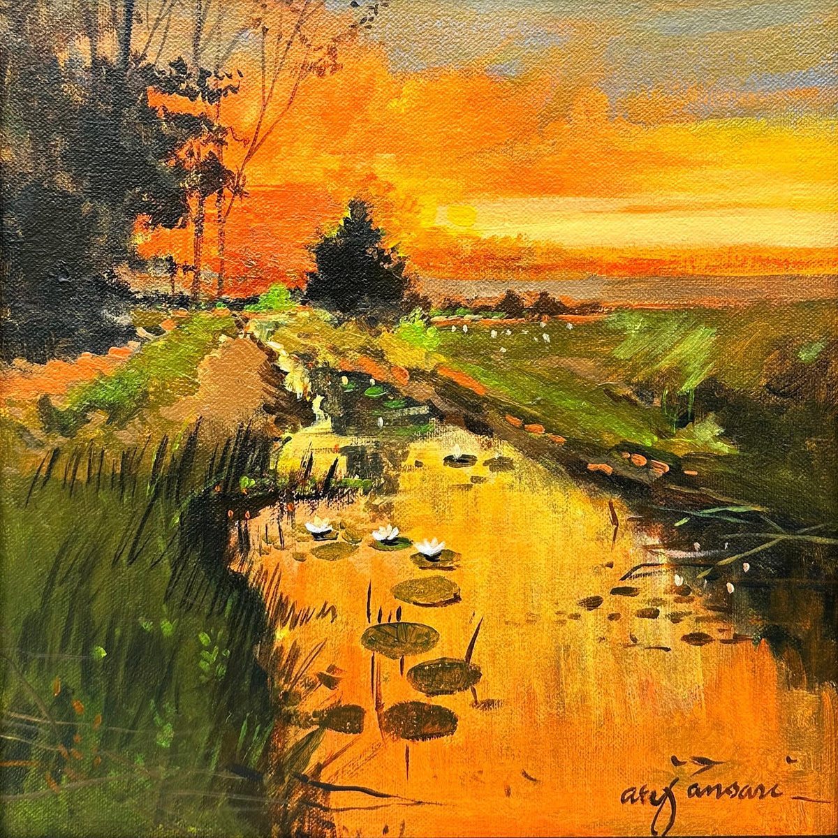 Arif Ansari Echoes Of The North golden canal sunset reverie acrylic on canvas 12x12 inches wetland stream painting