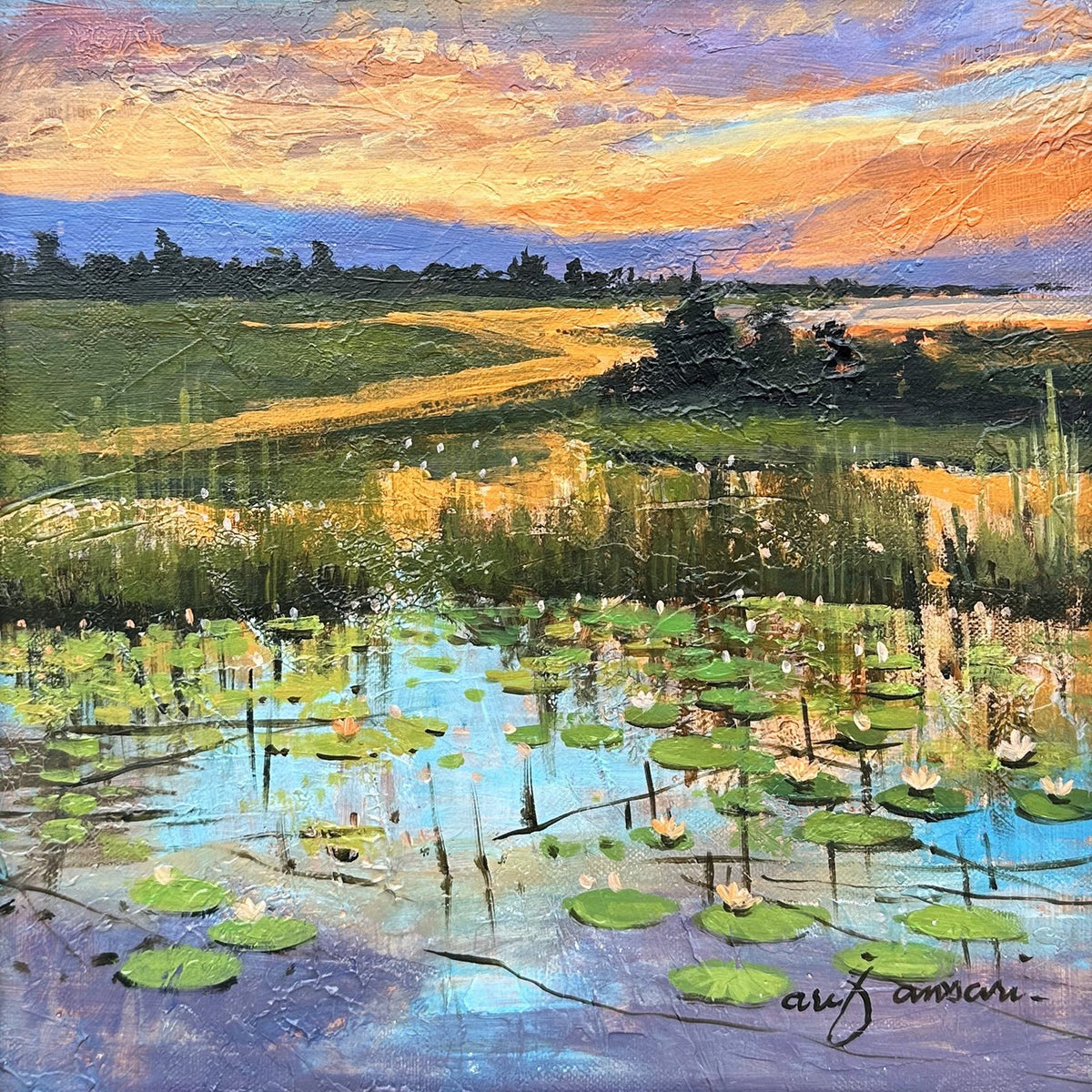 Arif Ansari Echoes Of The North golden sunset lily pond acrylic on canvas 12x12 inches water lily painting