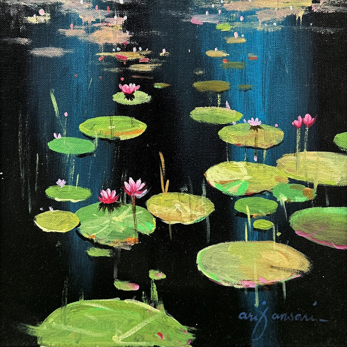 Arif Ansari Echoes Of The North midnight reverie pink lotus acrylic on canvas 12x12 inches water lily night painting