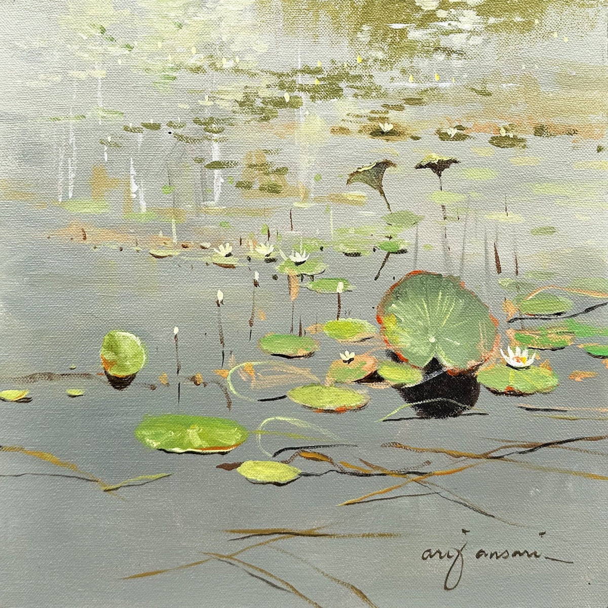 Arif Ansari Echoes Of The North tranquil lotus pond acrylic on canvas 12x12 inches water lily painting