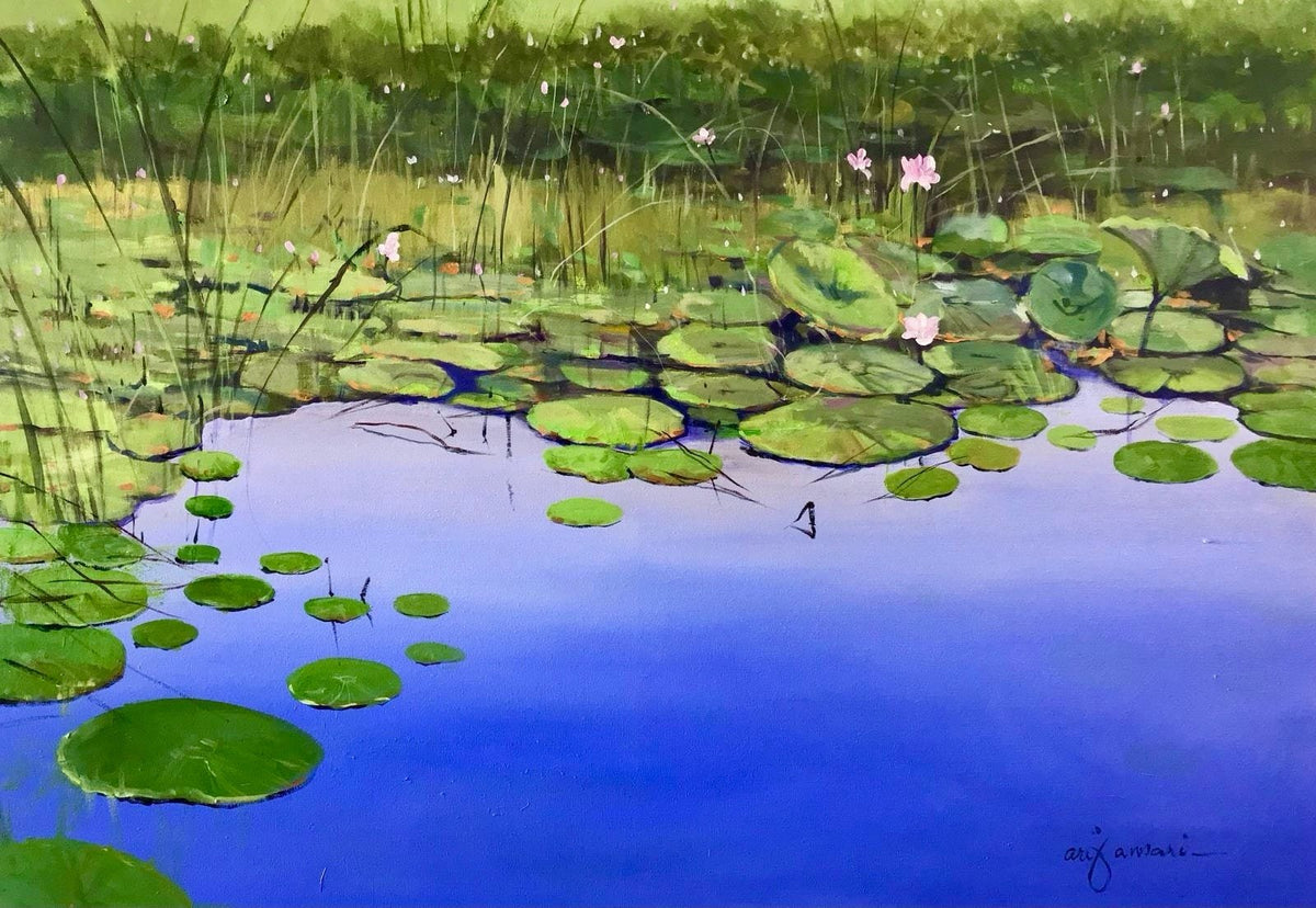Arif Ansari Majestic North cobalt bloom serene cove acrylic on canvas 30x42 inches blue lake lotus painting