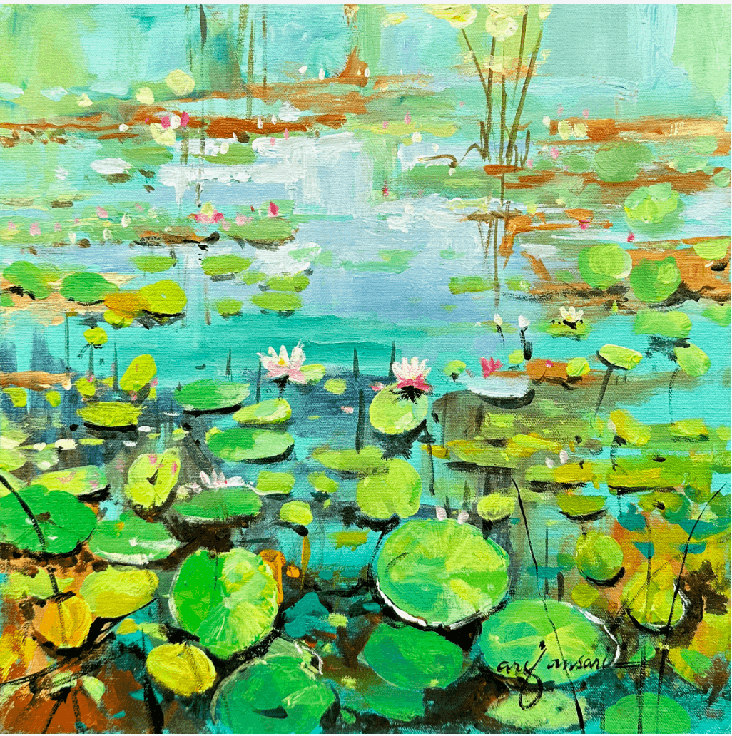 Arif Ansari Northern Pakistan Landscape turquoise jewel lily abundance oil on canvas 12x12 inches lotus pond painting