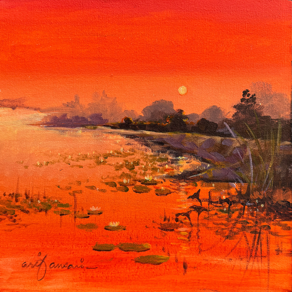 Arif Ansari orange moon lotus shore reeds sunset glow acrylic on canvas 12x12 inches orange sunset lotus reeds lake painting