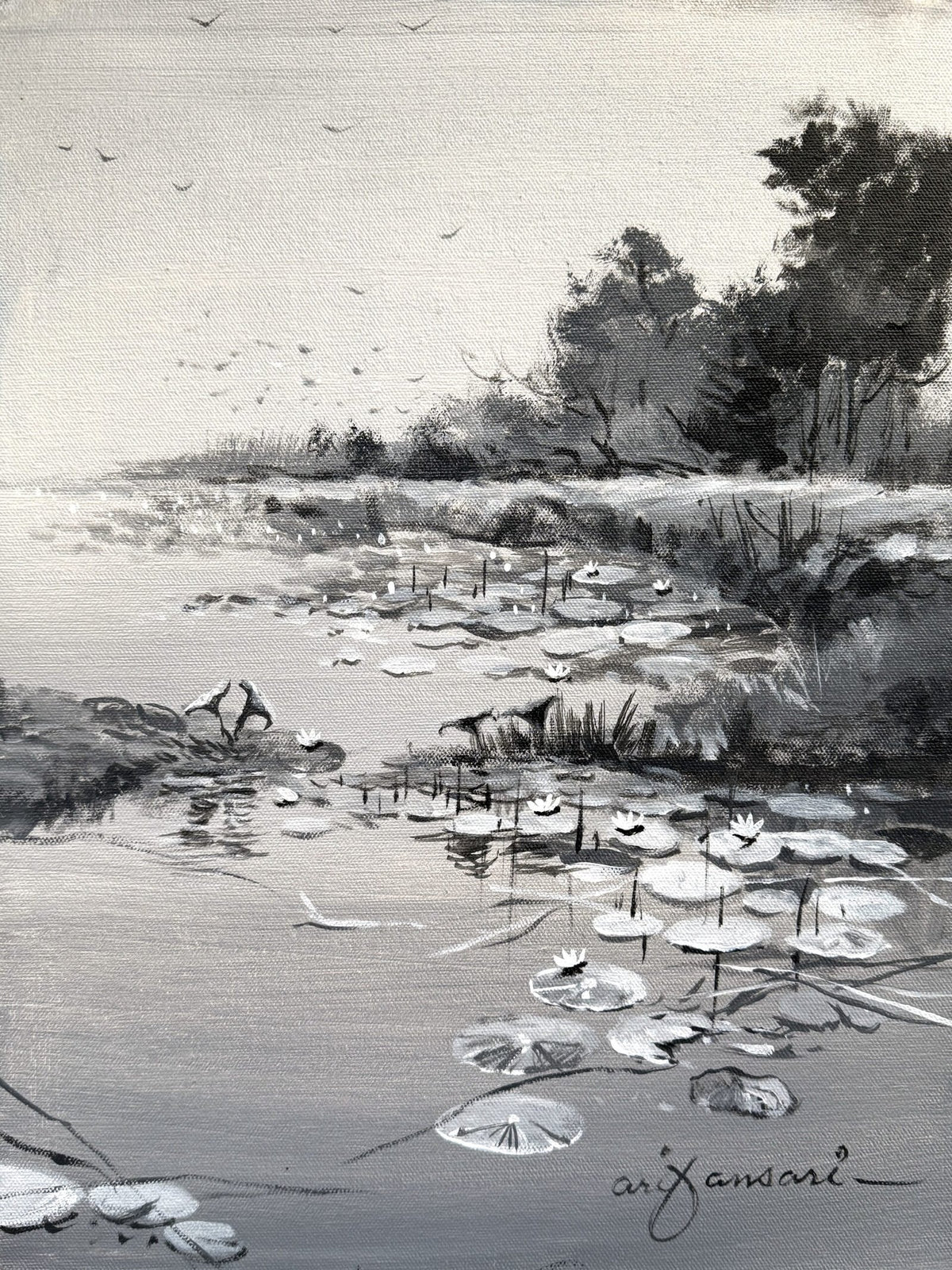 Arif Ansari silent wetlands monochrome lotus pond acrylic on canvas 12x16 inches