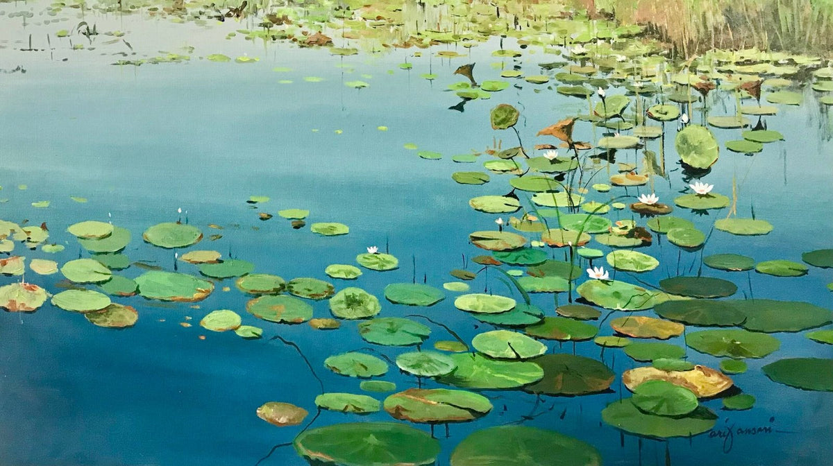 Arif Ansari Valleys Of The North azure lily drift acrylic on canvas 24x42 inches blue lake lotus painting