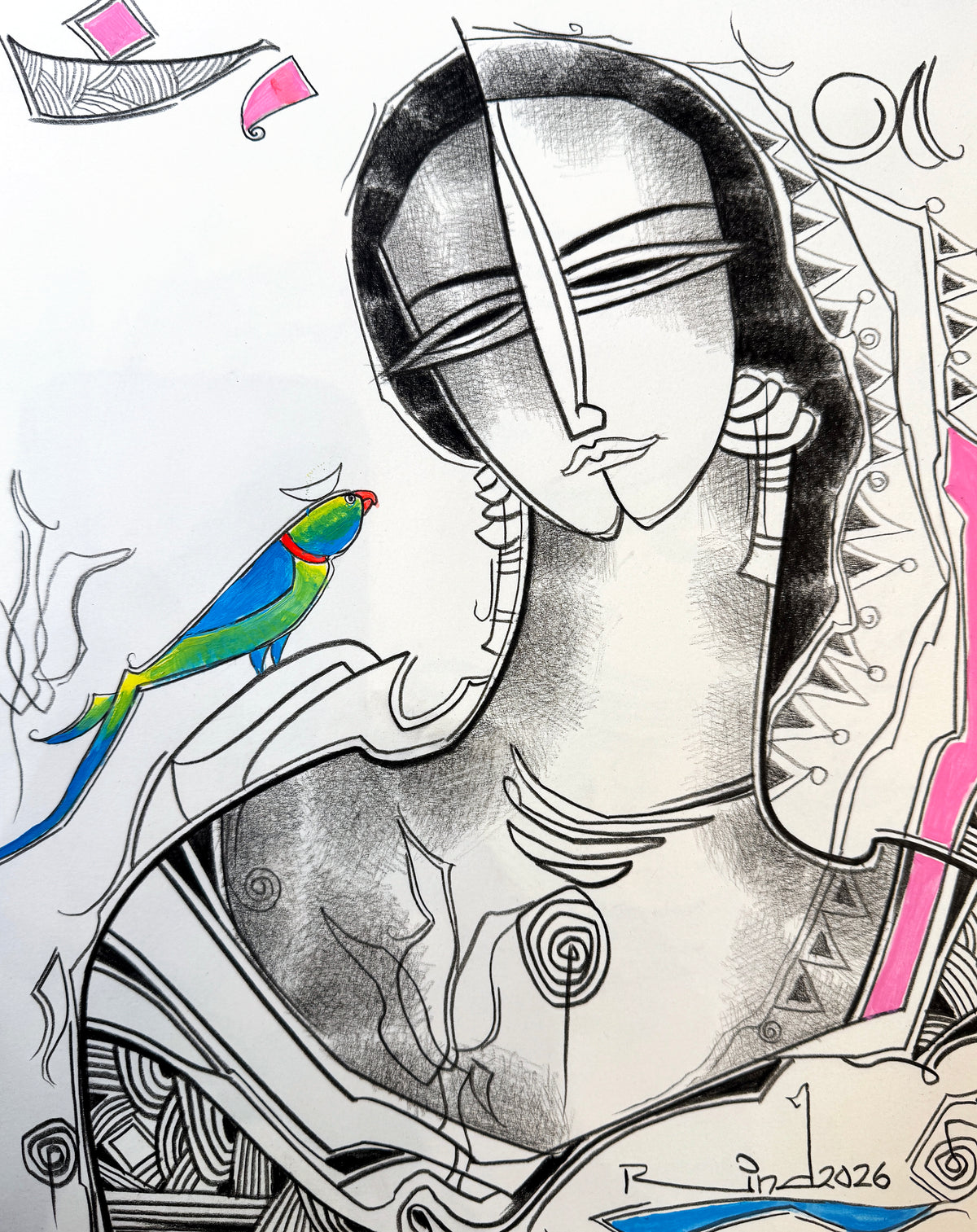 A.S. Rind 10x14 charcoal on paper - woman with blue parrot abstract drawing