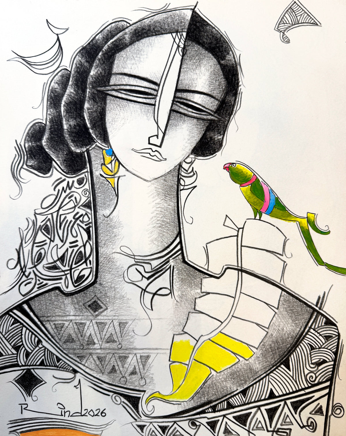 A.S. Rind 10x14 charcoal on paper - woman with parrot abstract portrait drawing