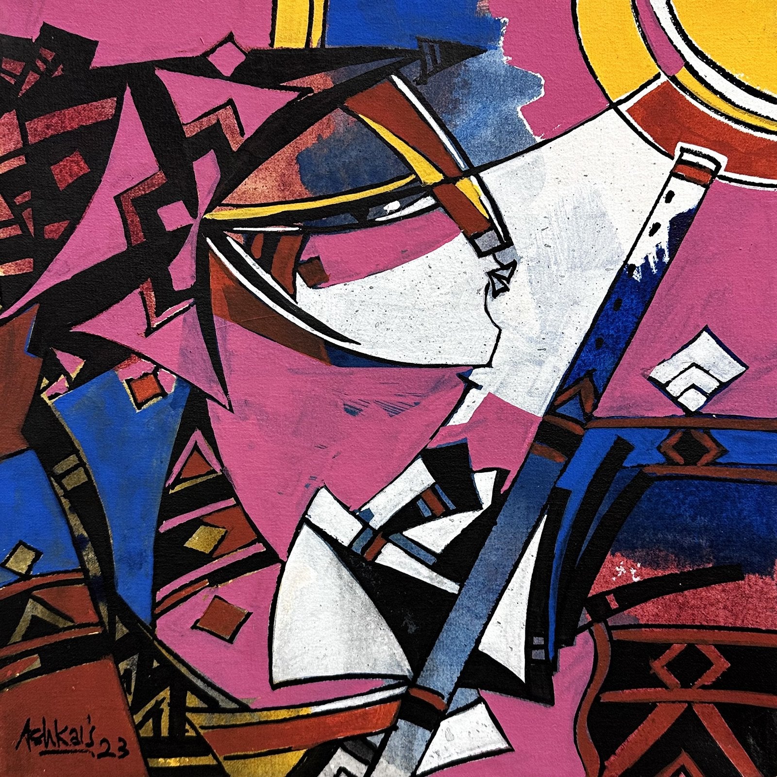 Ashkal Naveed Abstract Narratives Acrylic on Canvas 12x12 inches | Geometric Flute Figure Pink Blue