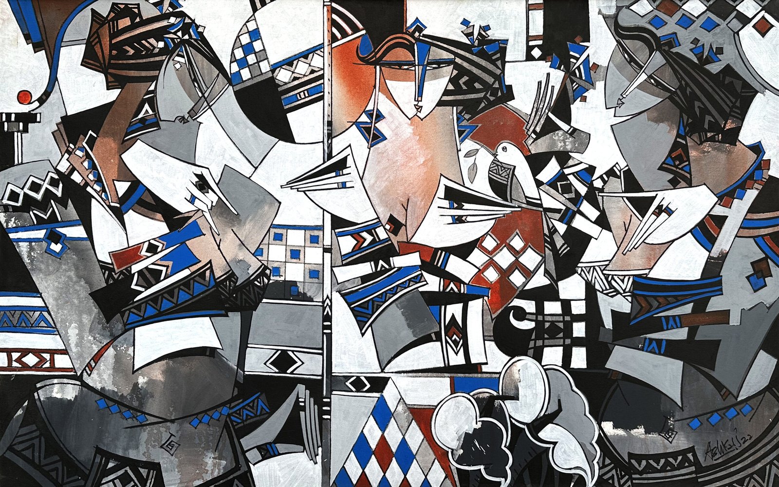 Ashkal Naveed Abstract Narratives Acrylic on Canvas 30x48 inches | Geometric Tribal Art