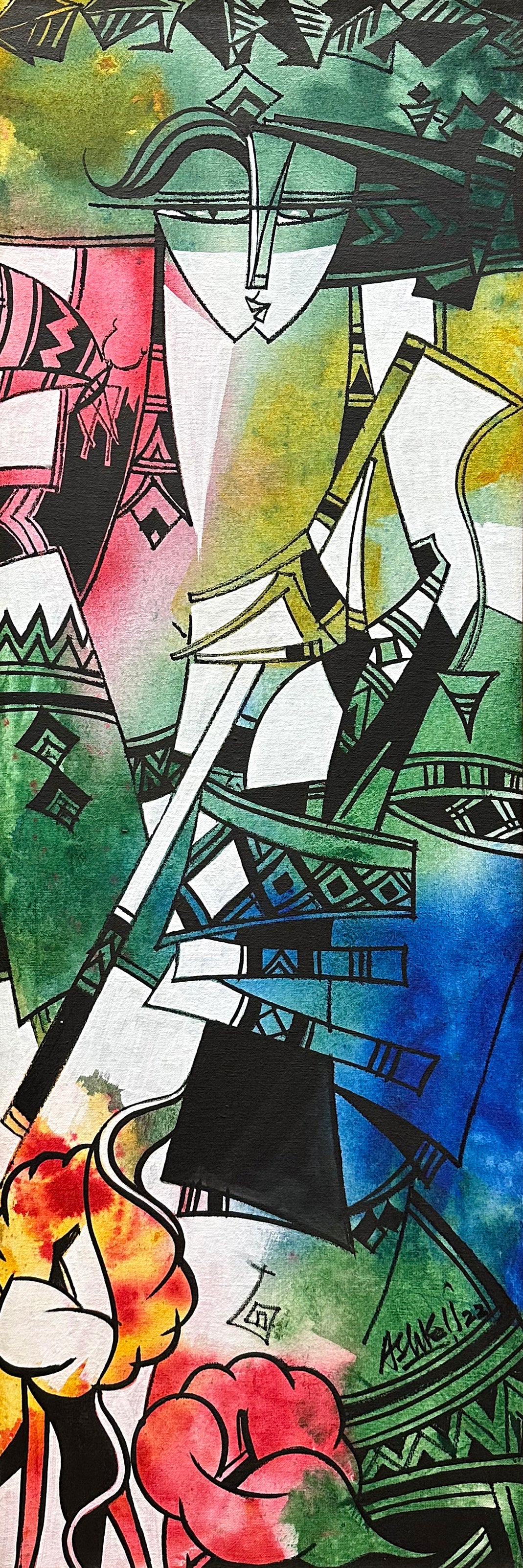 Ashkal Naveed geometric tribal woman flute floral green pink slim acrylic on canvas 12x36 inches