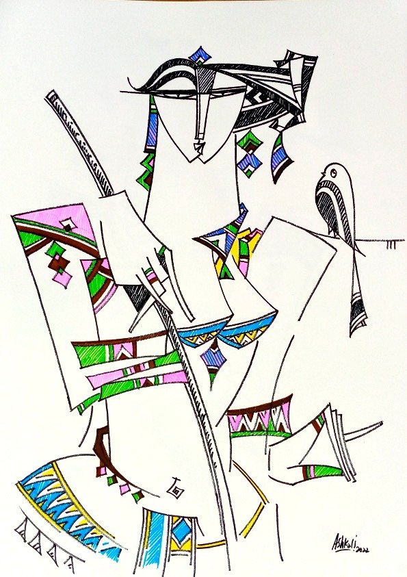 Ashkal Naveed The Rhythm of Colors Pen on Paper 12x16 inches | Geometric Tribal Figure Flute
