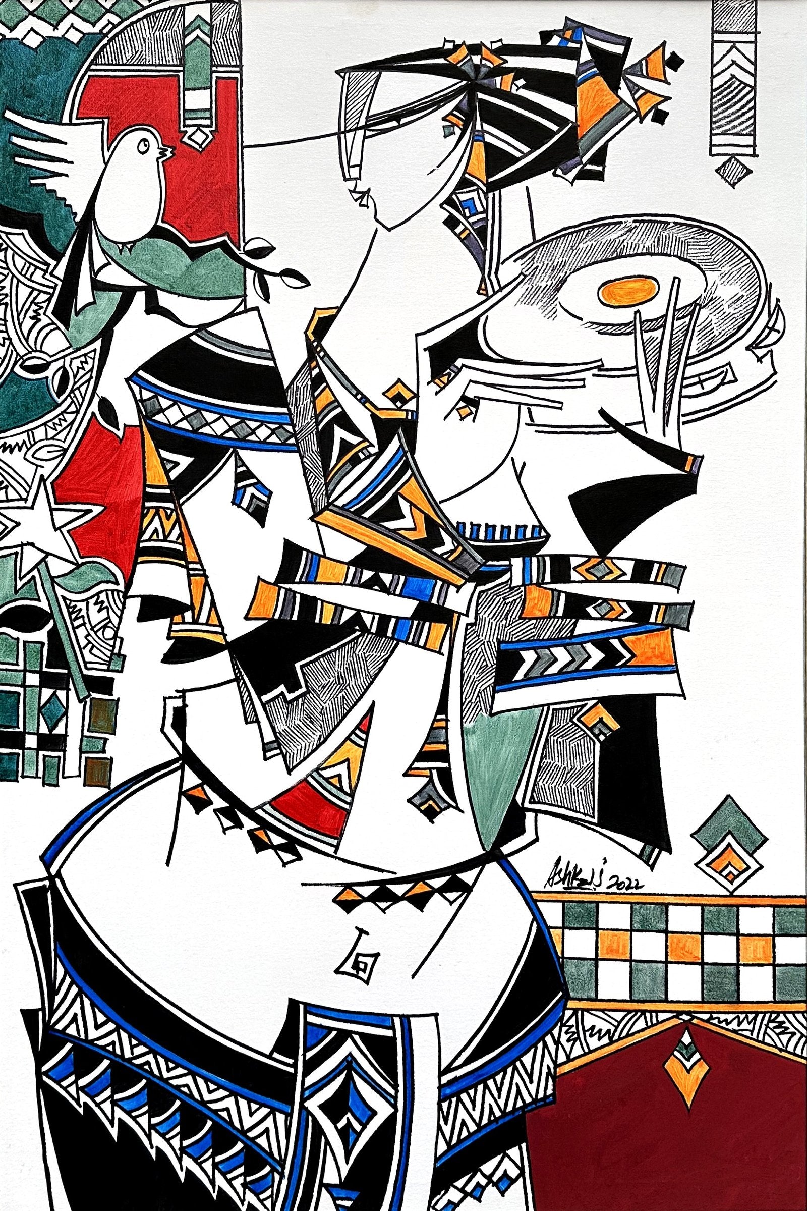 Ashkal Naveed Rhythms of Culture Acrylic on Canvas 24x36 inches | Geometric Tribal Figure