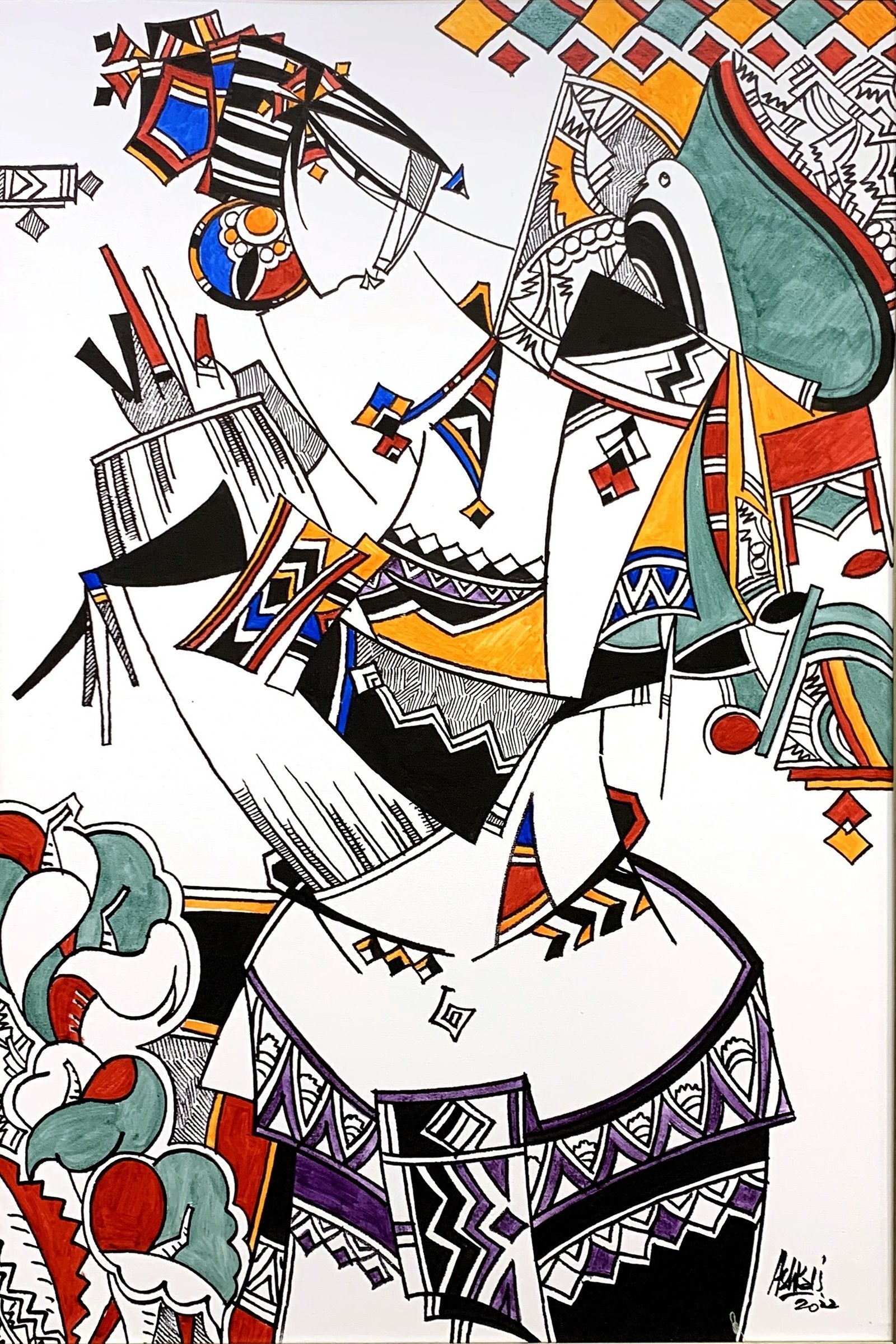 Ashkal Naveed Rhythms of Culture II Acrylic on Canvas 24x36 inches | Geometric Tribal Woman Drum