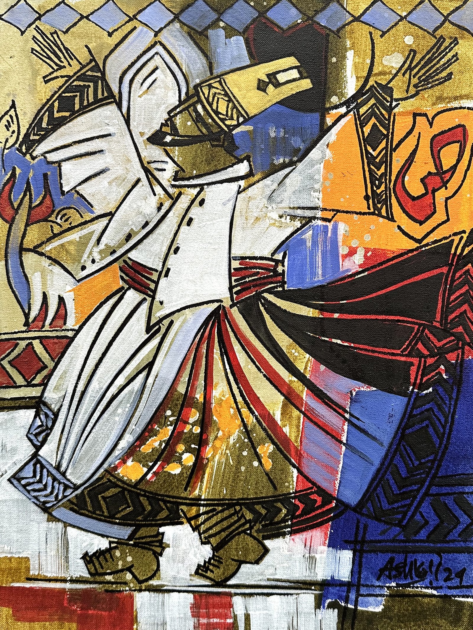 Ashkal Naveed Whirling Soul IV Acrylic on Canvas 12x16 inches | Sufi Dervish Calligraphy Flame