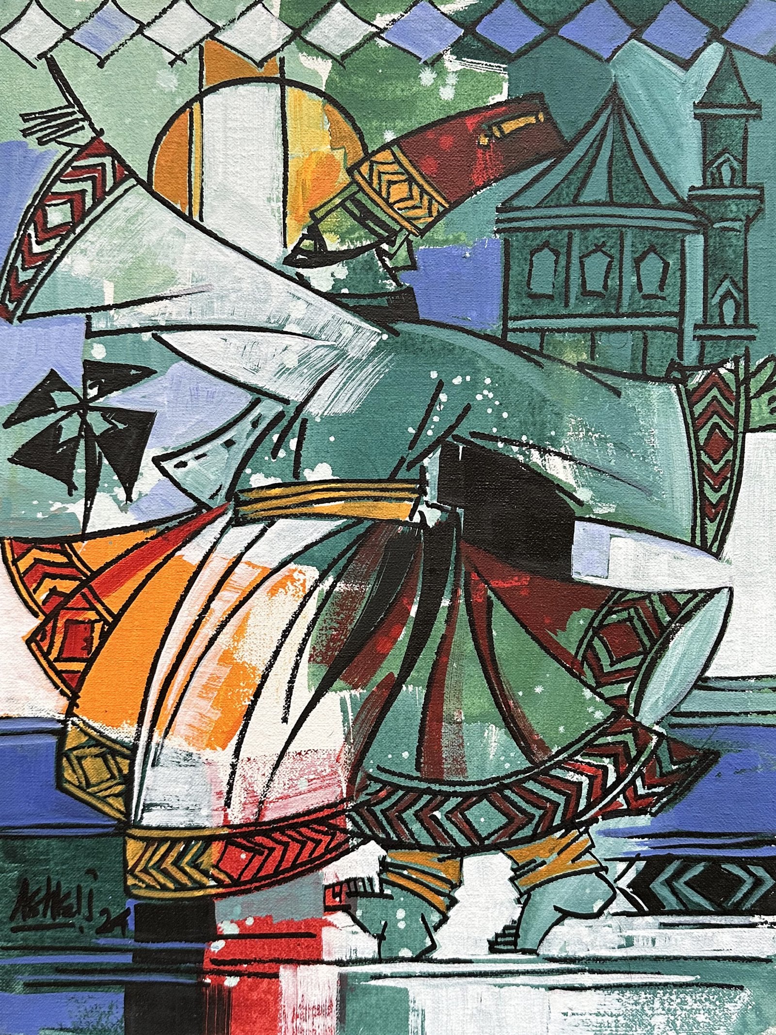 Ashkal Naveed Whirling Soul III Acrylic on Canvas 12x16 inches | Sufi Dervish Green Mosque