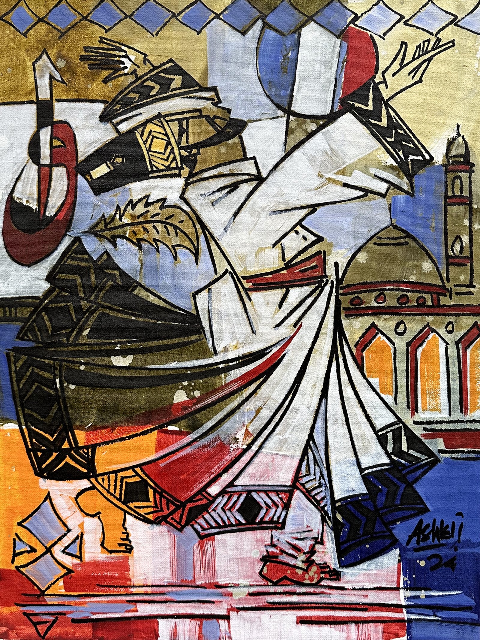 Ashkal Naveed Whirling Soul II Acrylic on Canvas 12x16 inches | Sufi Dervish Mosque Abstract