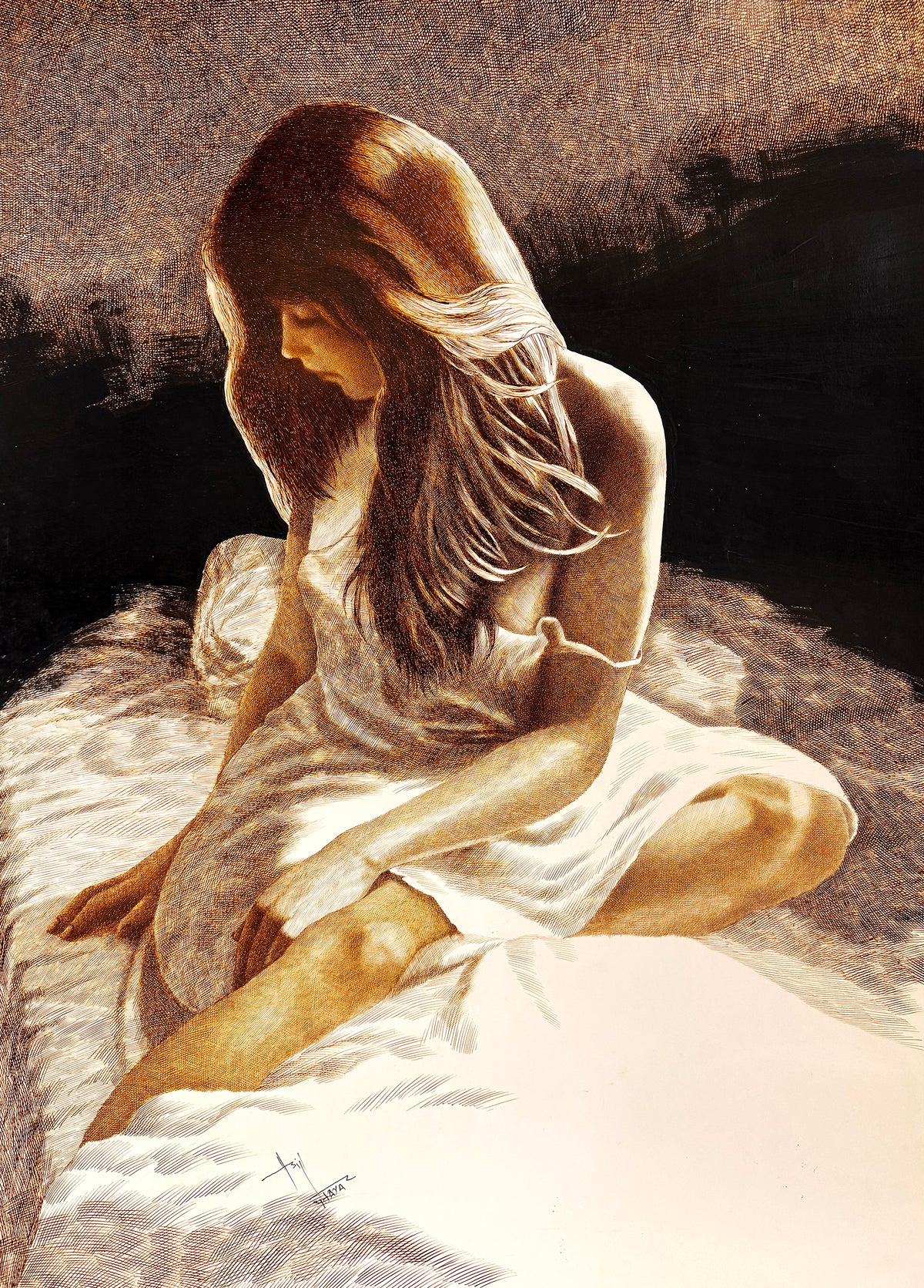 Asif Ghayaz contemplative light figurative woman pen and ink drawing on paper 28x39 inches figurative pen ink study light shadow detailed artwork