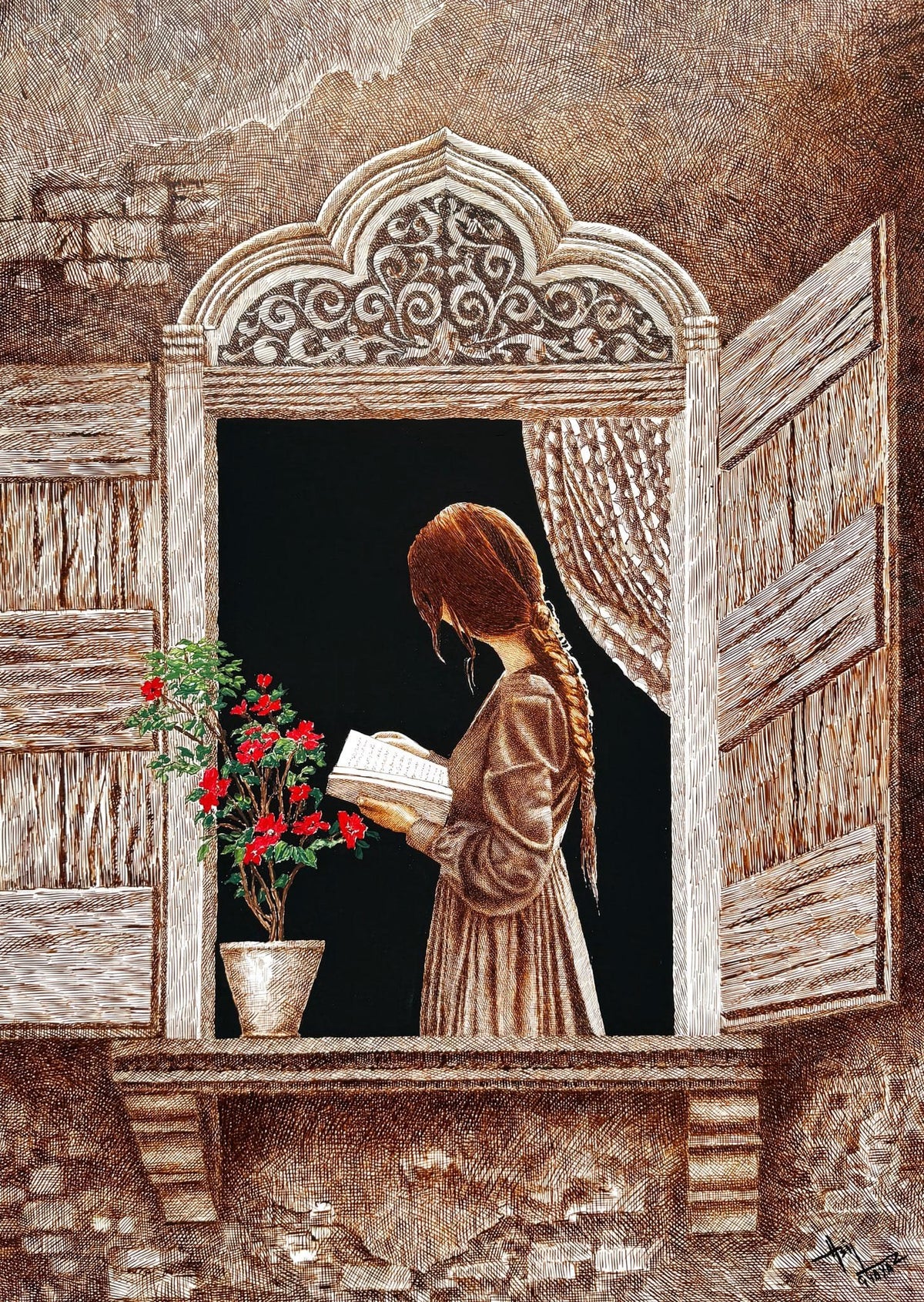 Asif Ghayaz The Melody of Grace pen ink on paper 22x31 inches girl reading book rustic window red flowers sold out
